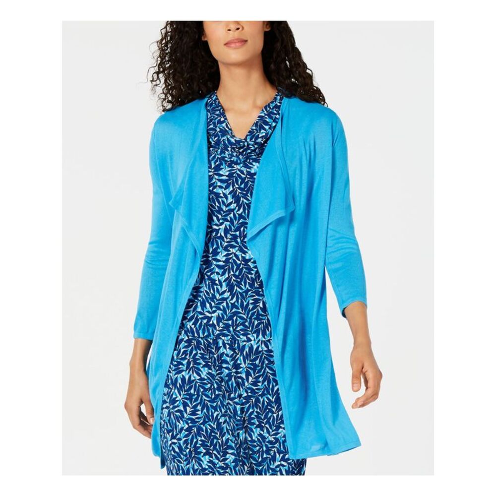 KASPER Womens Blue 3/4 Sleeve Open Cardigan Sweater XS